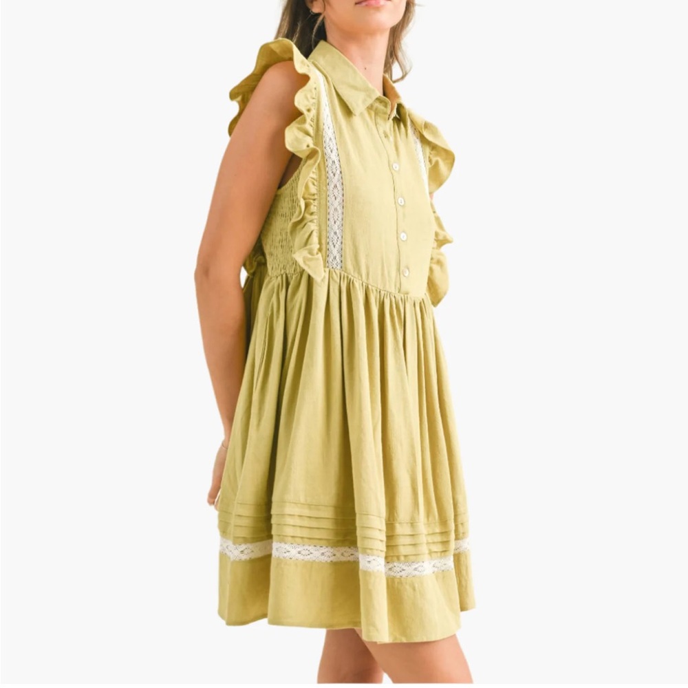Klesis Small Chartreuse Green Ruffle Lace Mini Dress button down